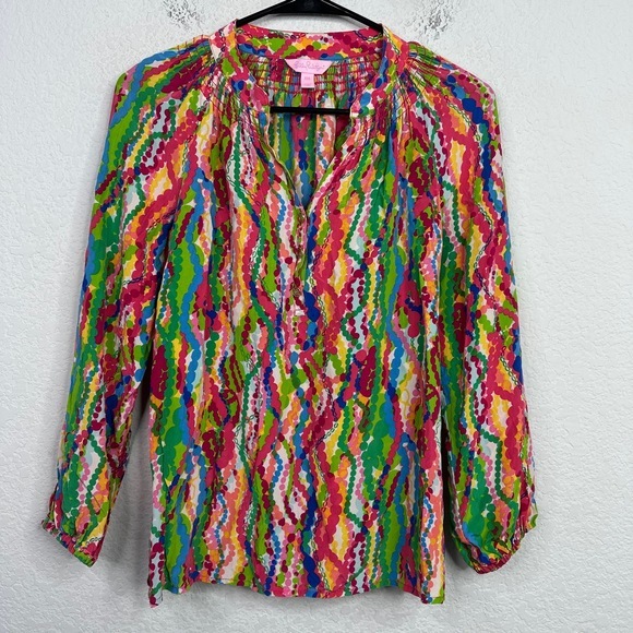 Lilly Pulitzer Tops - Lilly Pulitzer Shirt Women XXS Silk Geometric Long‎ Sleeve Artsy Preppy Career
